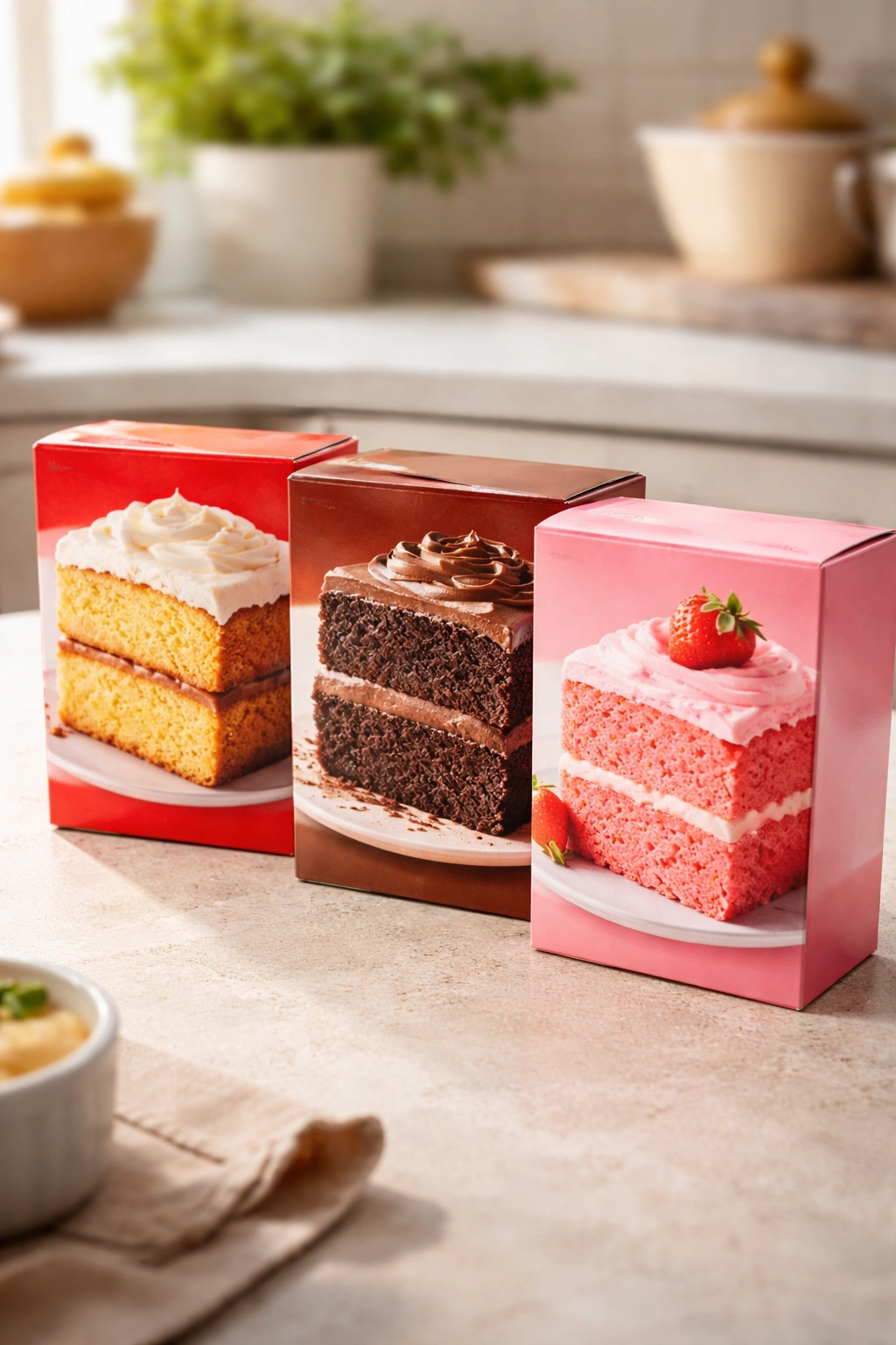 Unlabelled cake mix boxes arranged on a light counter