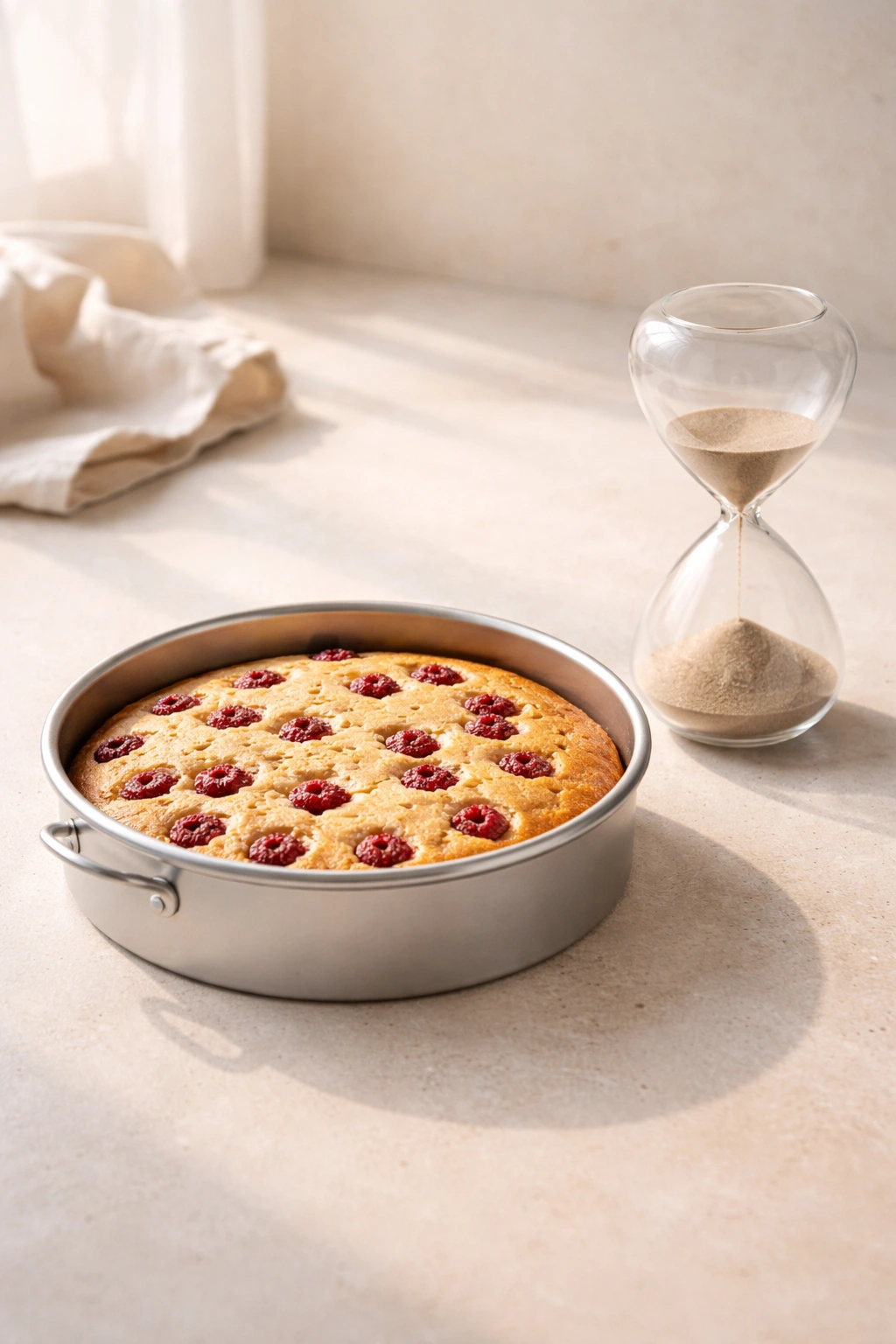 Minimalist still life with a cake pan and an hourglass