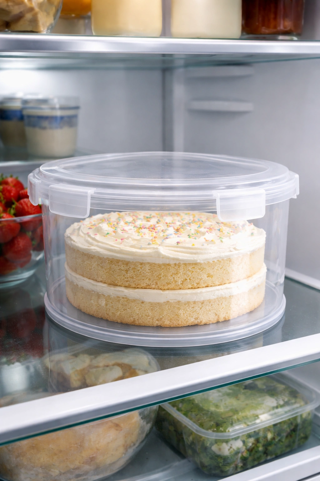 Frosted vanilla cake in airtight container in fridge