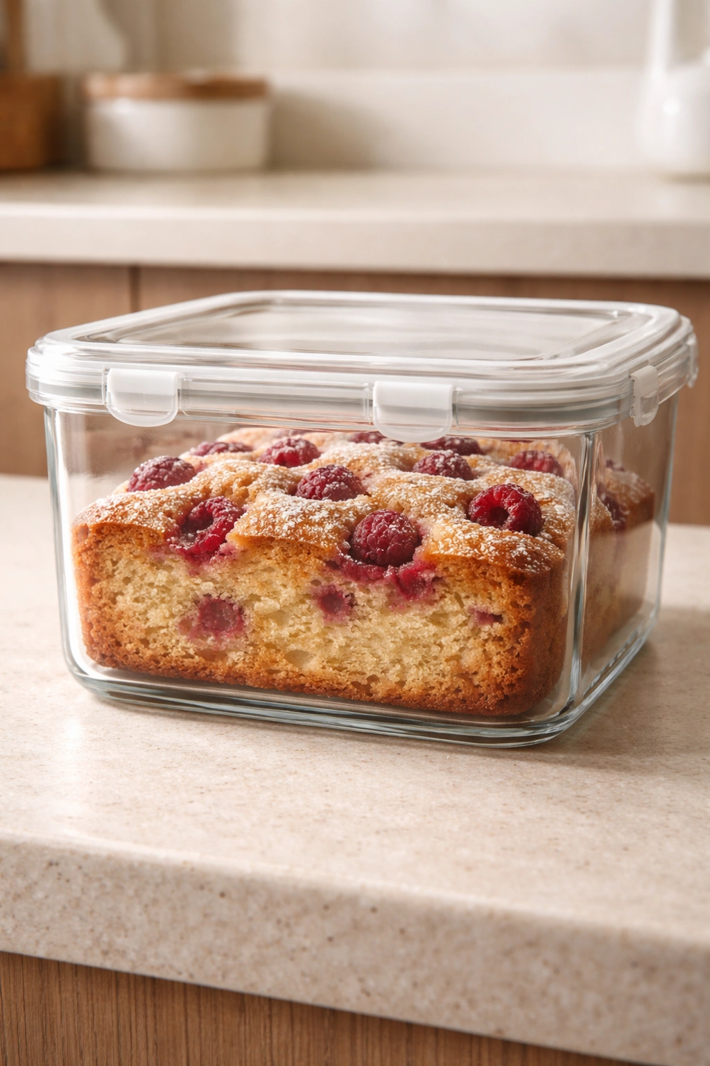 Raspberry cake inside airtight container illustrating storage guidance