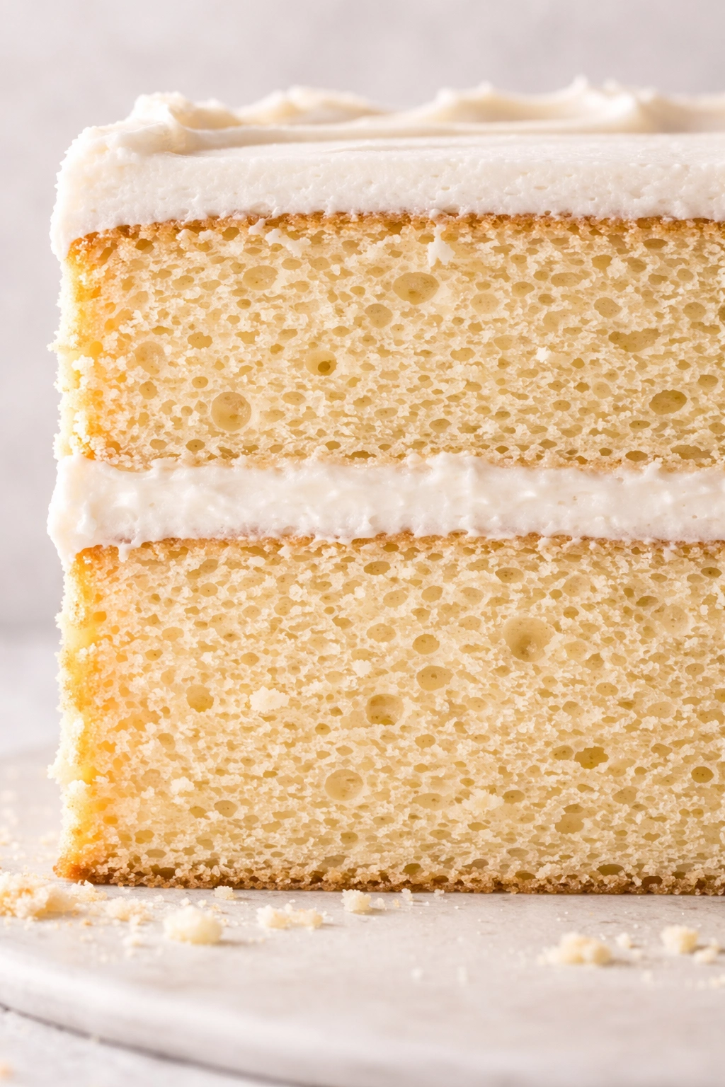 Cross-section of vanilla cake showing airy crumb and even texture