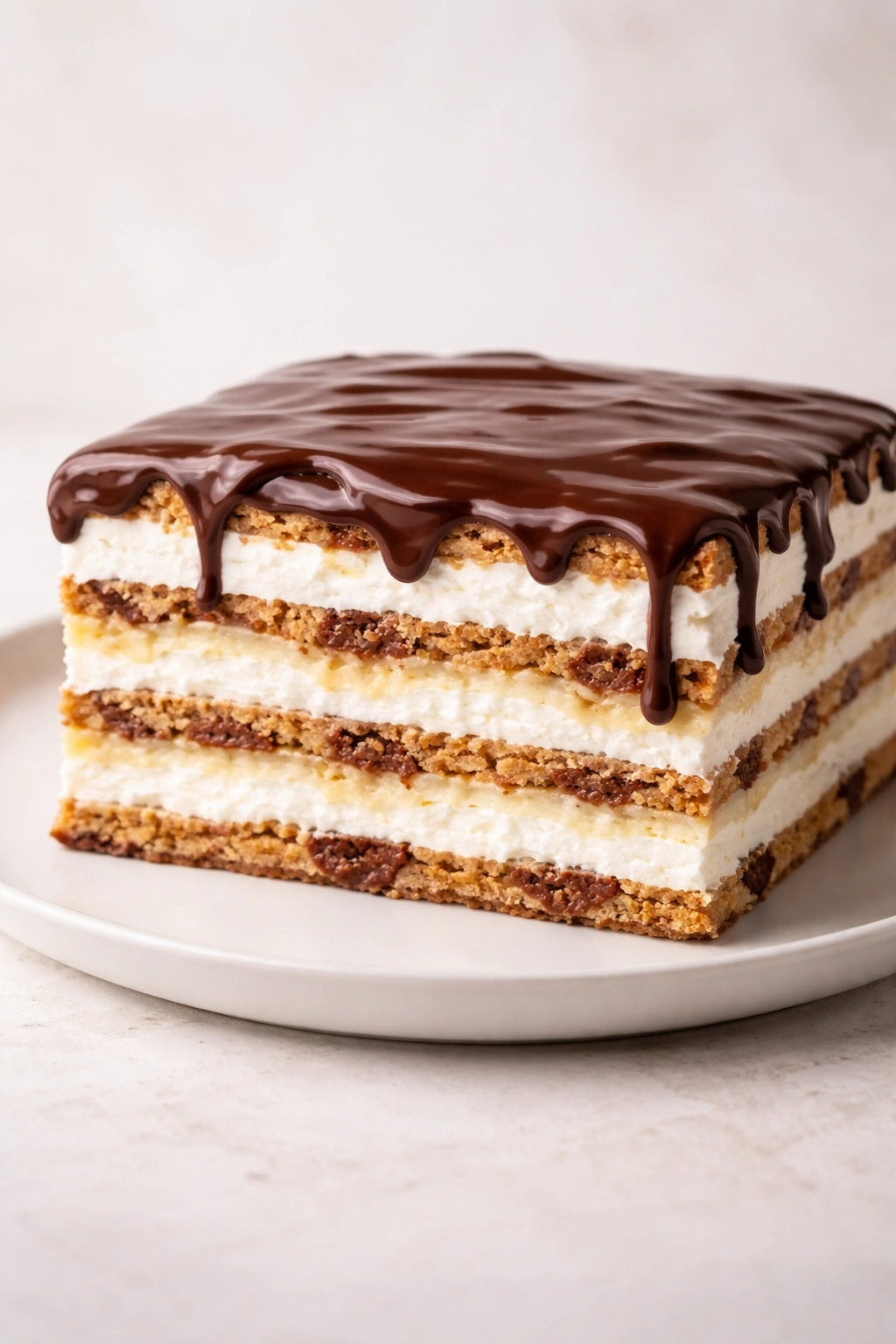Chocolate eclair cake with visible layered interior and glossy topping