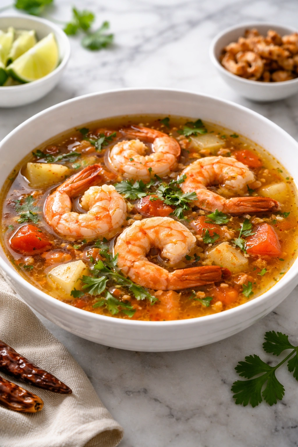 Shrimp in a clear broth in a white bowl.