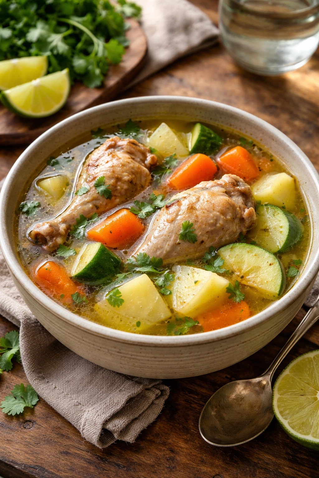 Caldo de Pollo in a ceramic bowl with chicken and vegetables.