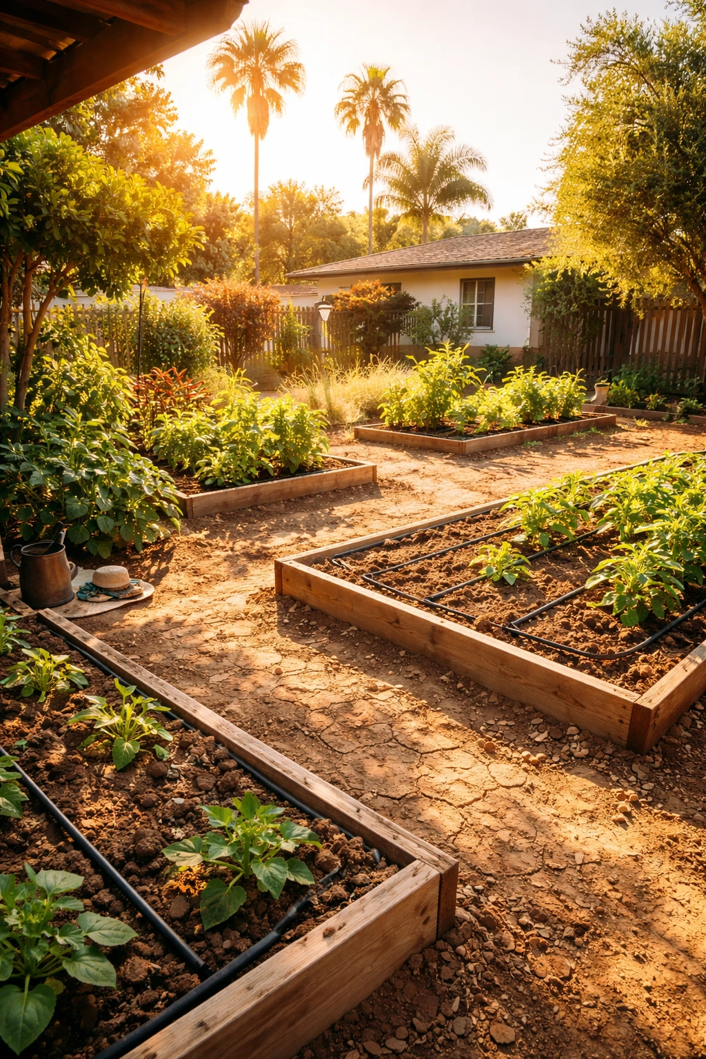 Sun-drenched garden showing heat and dry soil in Southern California August conditions