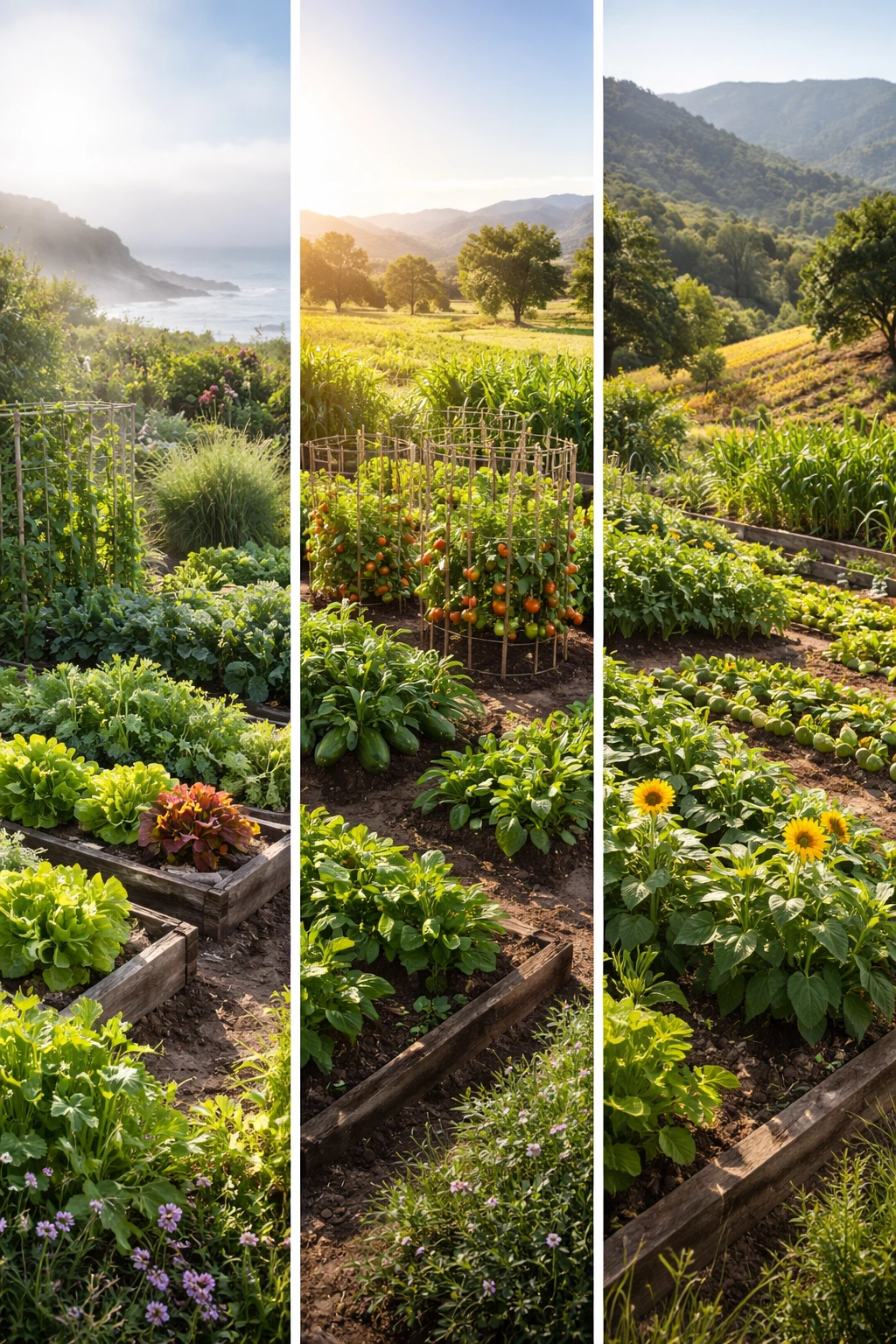 Triptych garden scene showing coastal, valley, and hillside California gardens with lettuce, peas, tomatoes, and peppers