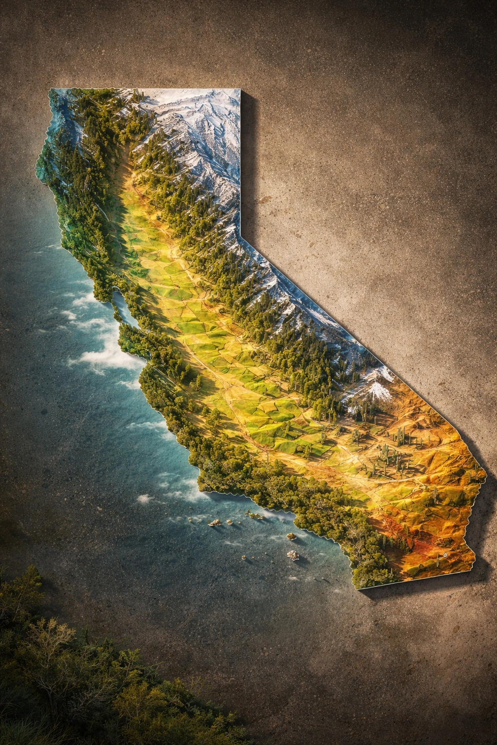 Photorealistic map of California color-coded for coastal, inland, desert, and mountain microclimates for January gardening