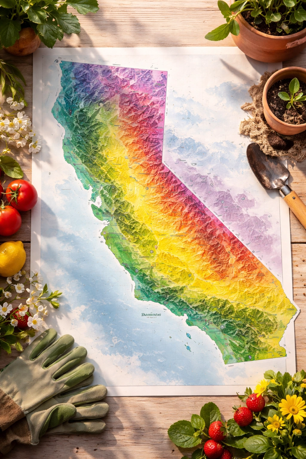Color-coded California climate zones map for March gardening showing frost risk and microclimates