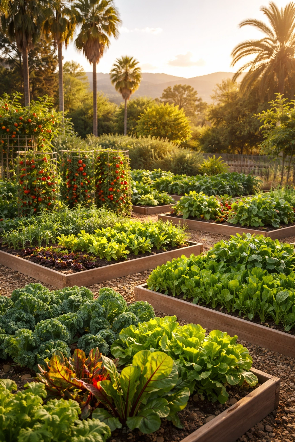 California garden showing year-round vegetables in mild climate