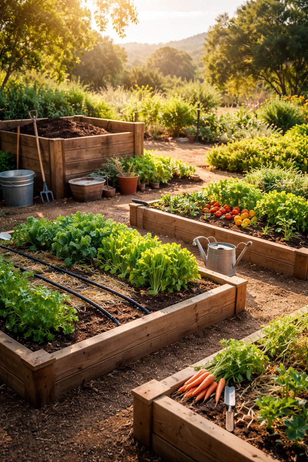 California vegetable garden with raised beds and drip irrigation