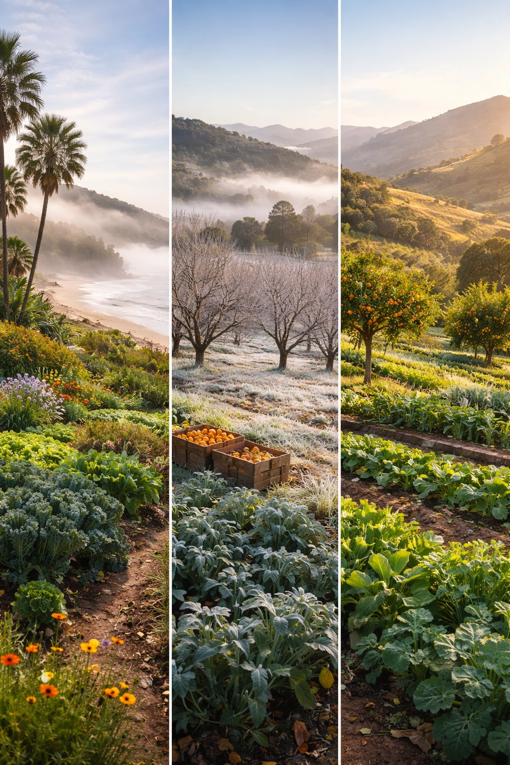 Split-view landscape illustrating California January climate zones with coastal fog, frost, and mild sun