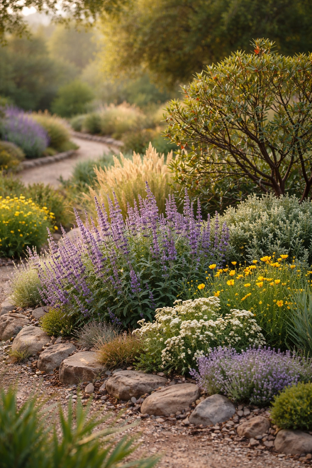 Garden bed displaying California native plants including sage and manzanita