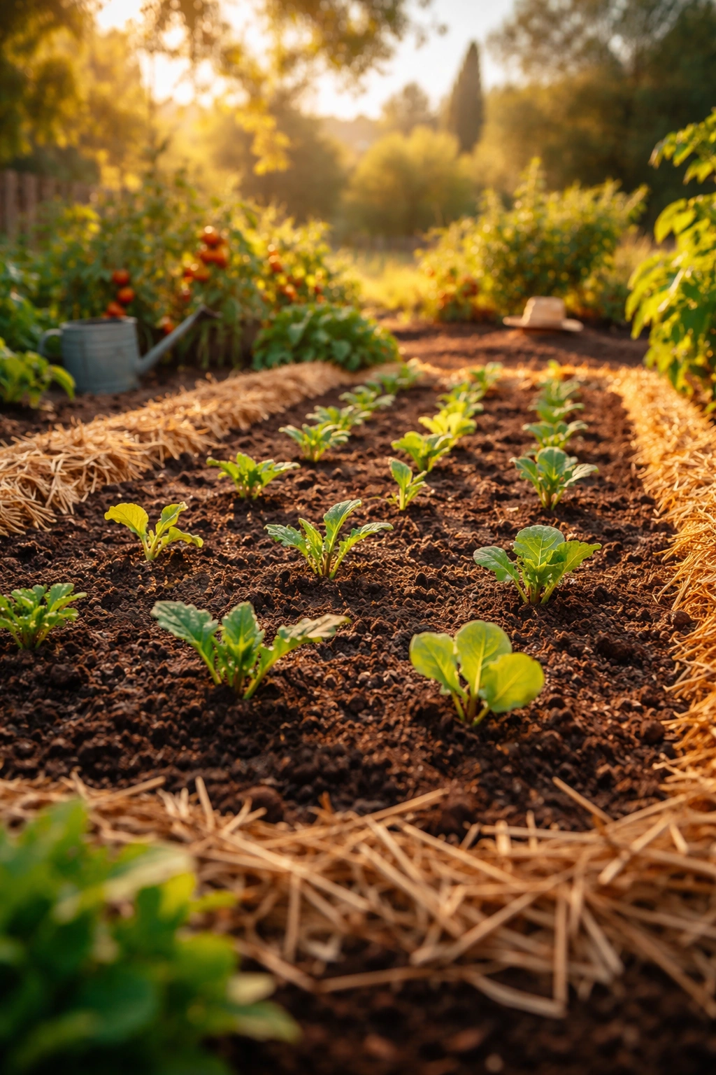 Freshly planted seedlings in warm soil in a California October garden