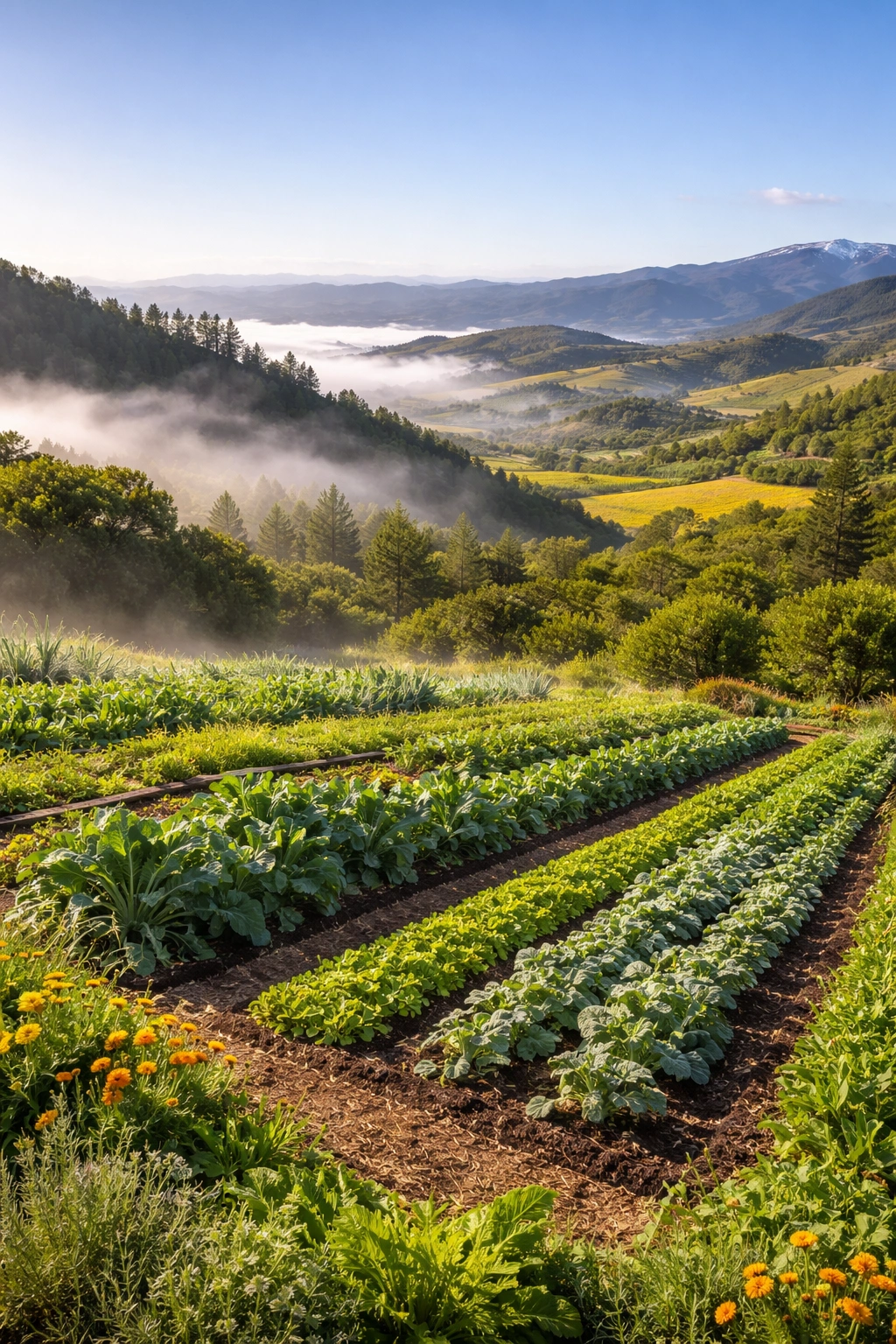 Panoramic landscape showing California’s diverse microclimates with coastal fog, inland hills, and cool-season crops.