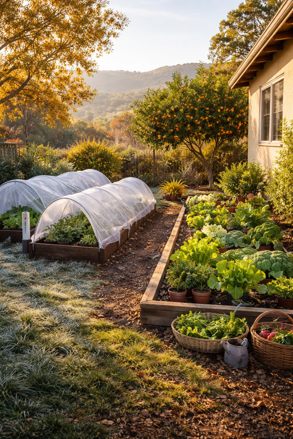 California garden showing frost protection and warm microclimate in one scene