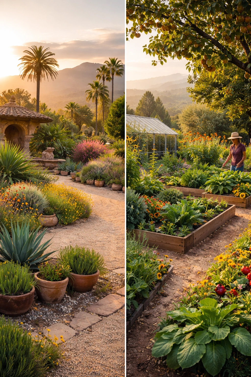 Split-screen California garden scenes showing Southern California drought-tolerant and cooler valley landscapes
