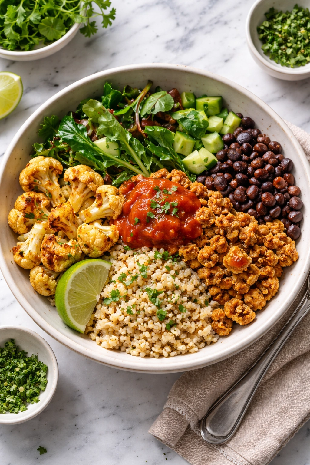 Colorful grain bowl with beans greens and lean protein, within 500-700 calorie range