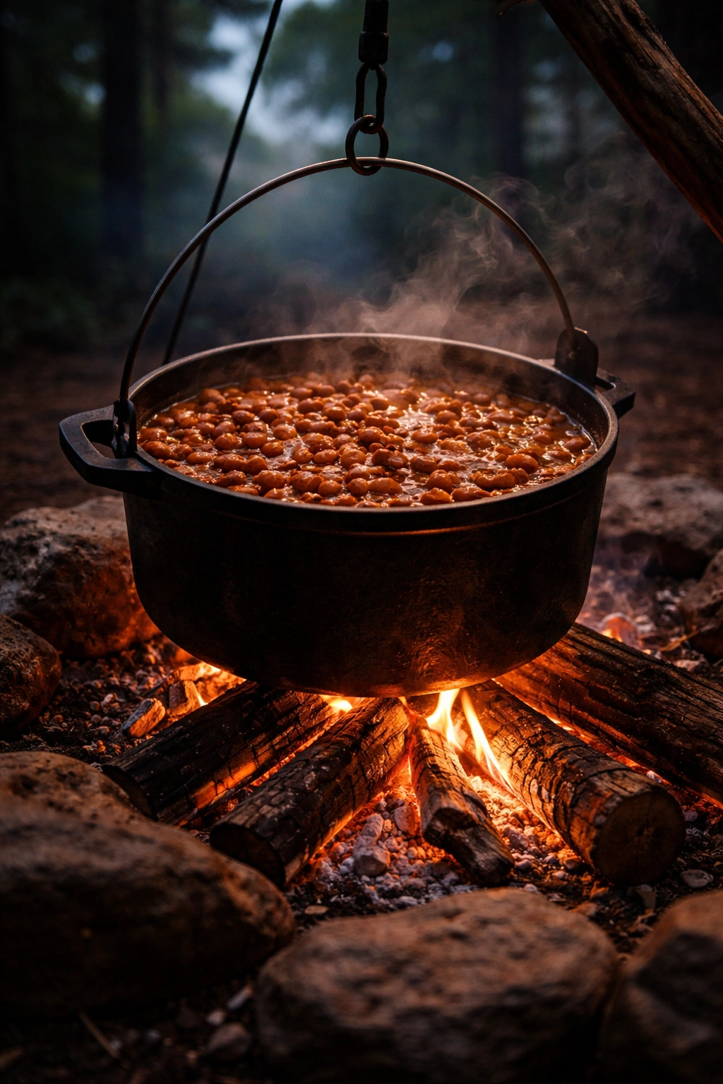 Cast-iron Dutch oven over campfire embers outdoors for campfire cooking