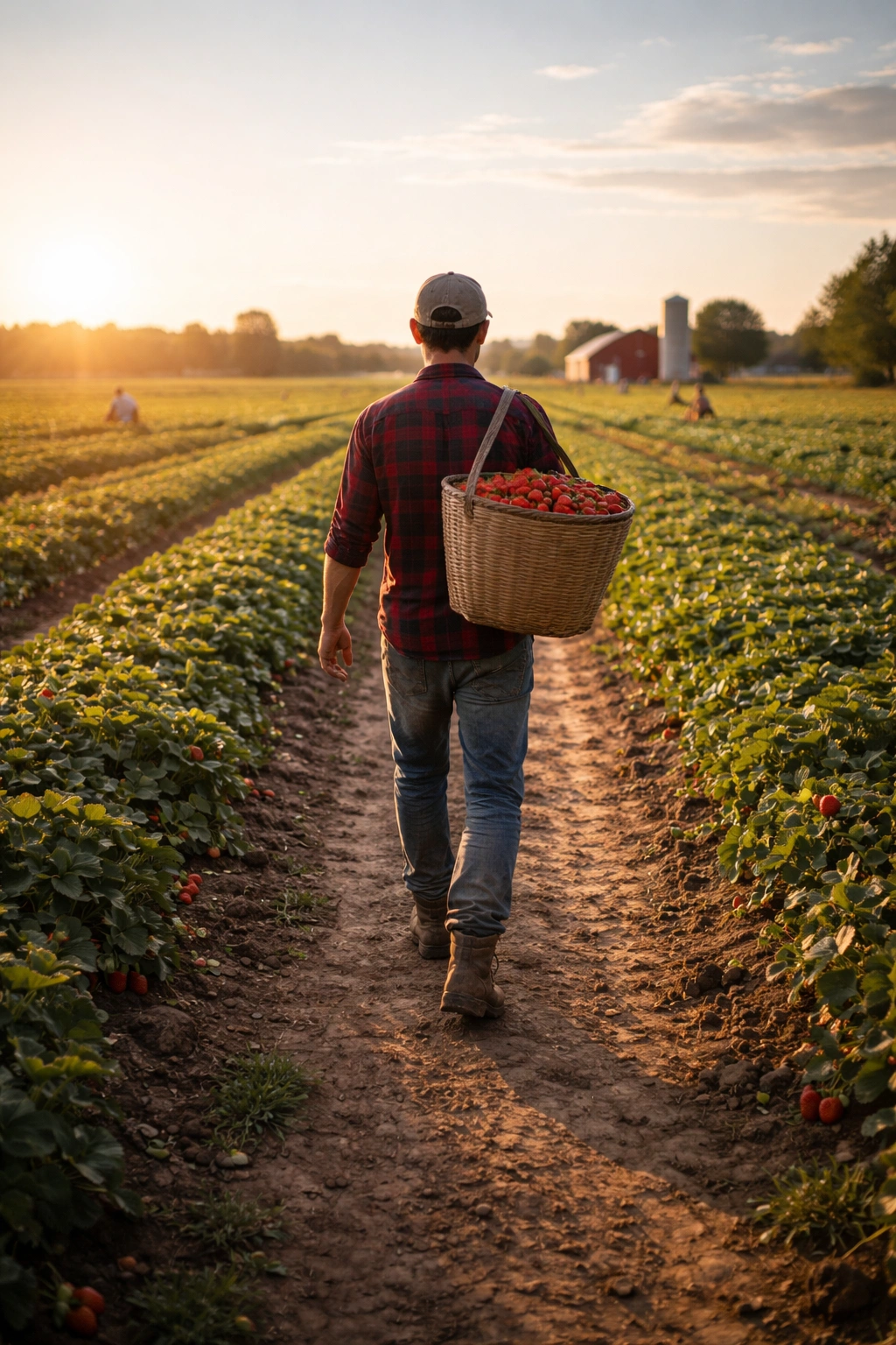 Seasonal farm worker on wide Canadian field during golden hour
