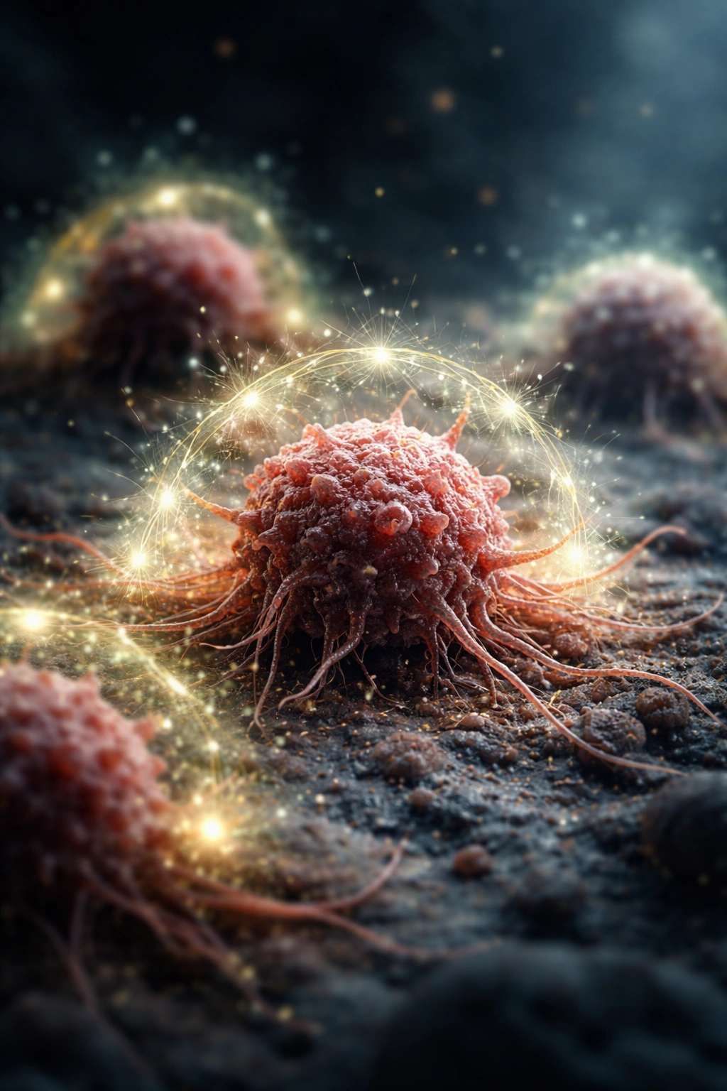 3D rendering of cancer cells with a protective aura