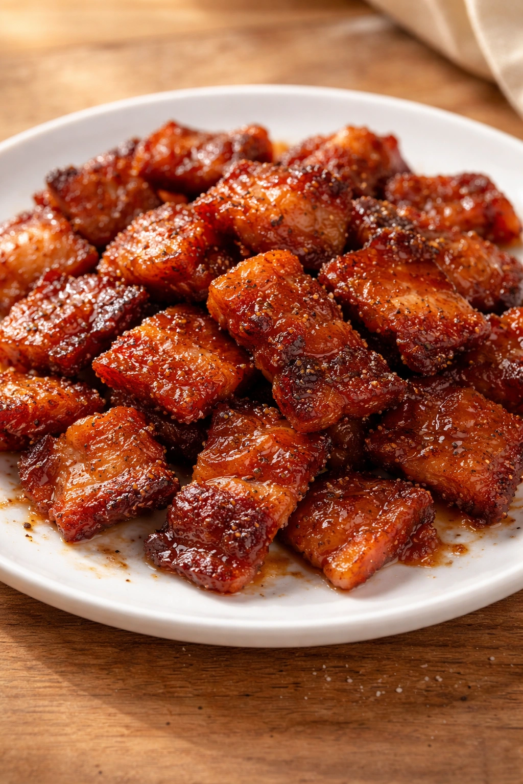 Candied bacon bites on a plate with glaze