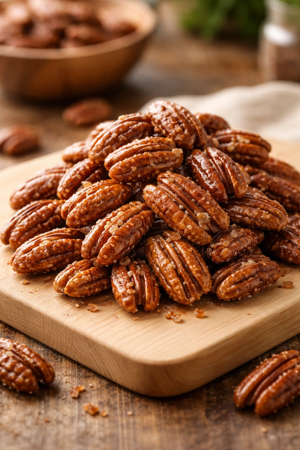 Close-up of glossy candied pecans with caramel glaze and crisp texture