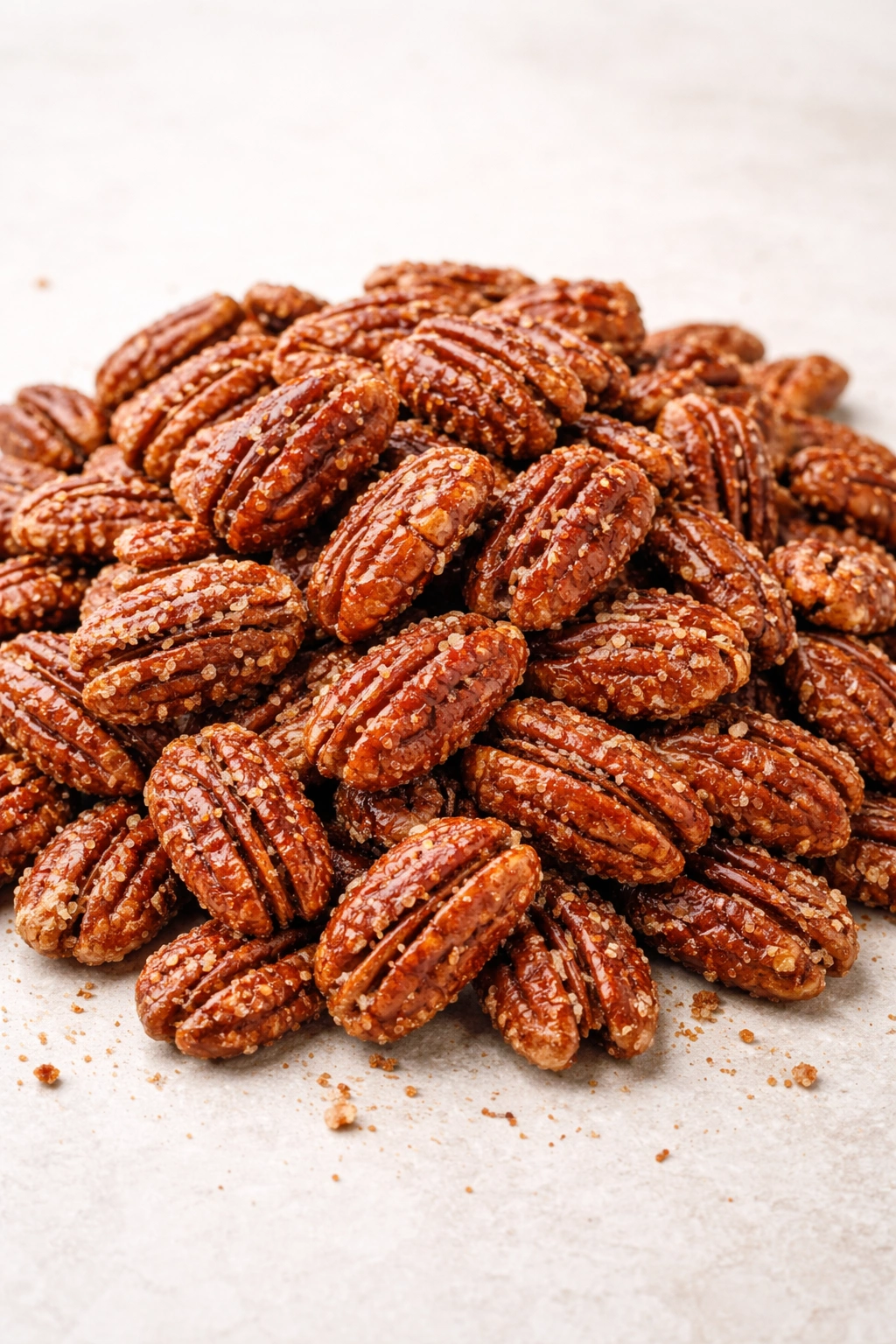 Neatly piled candied pecans on a plain background
