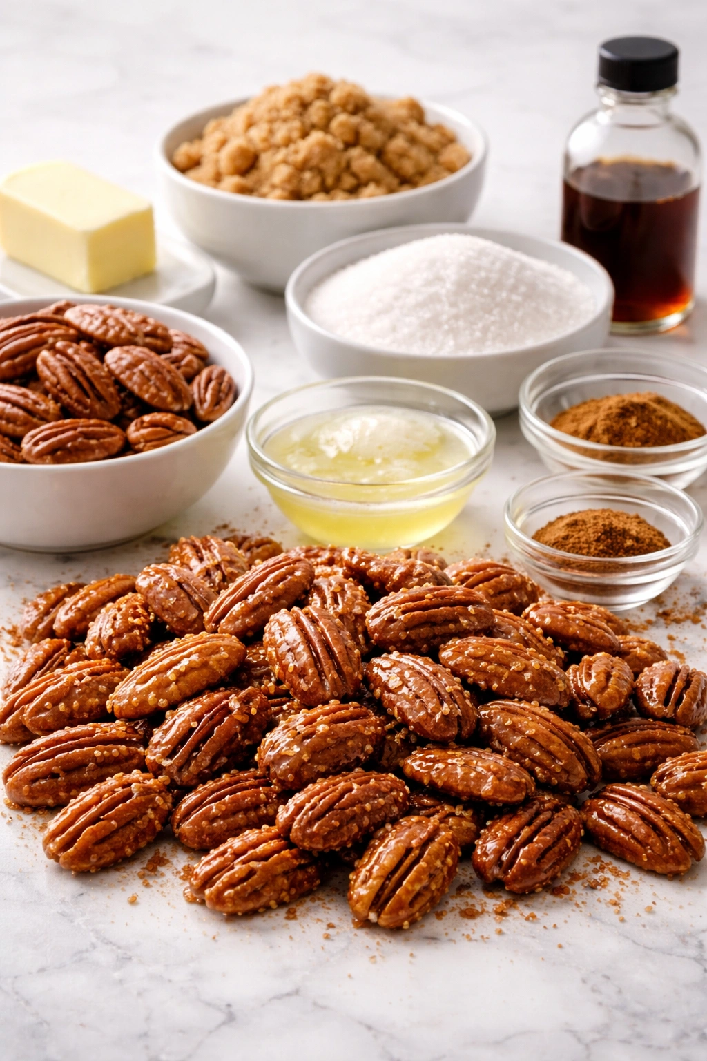Macro shot of glossy candied pecans with even caramel coating