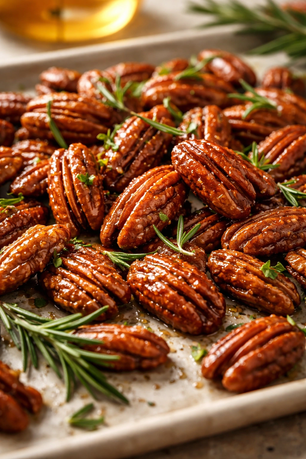 Glossy honey-glazed pecans with rosemary on a neutral background