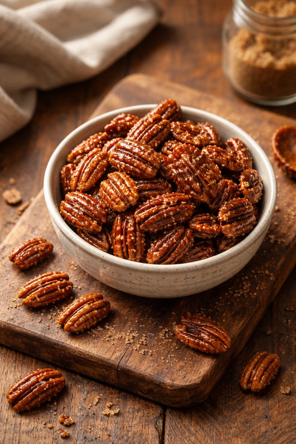 Candied pecans in a serving bowl on a rustic board