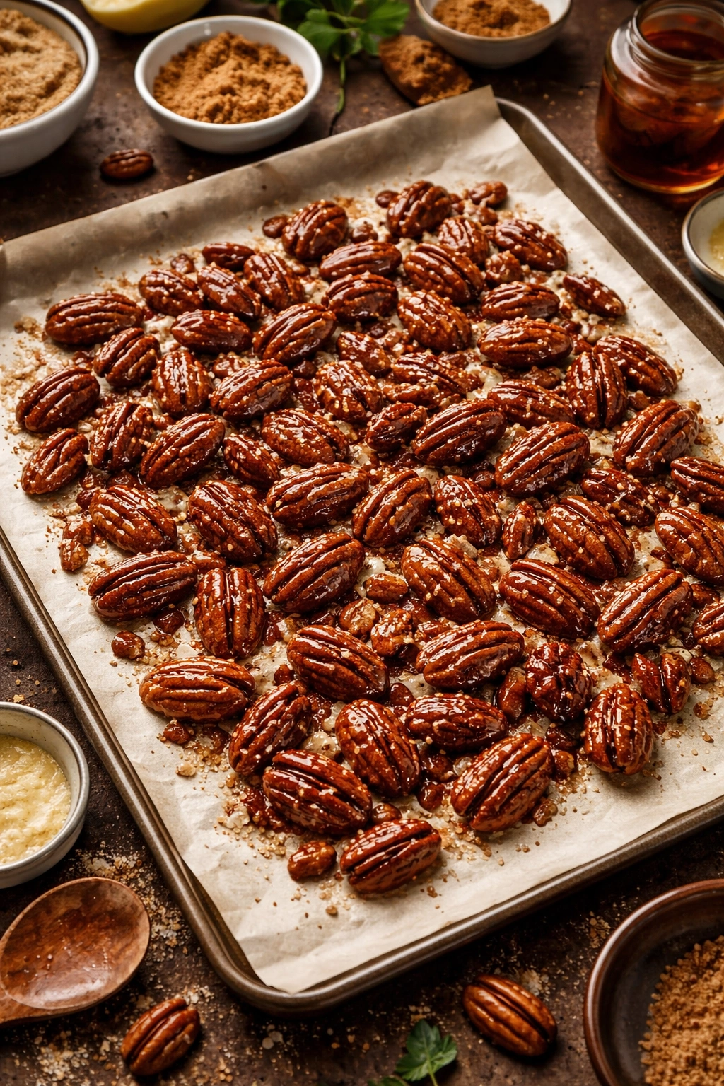 Glazed candied pecans arranged on parchment for coating