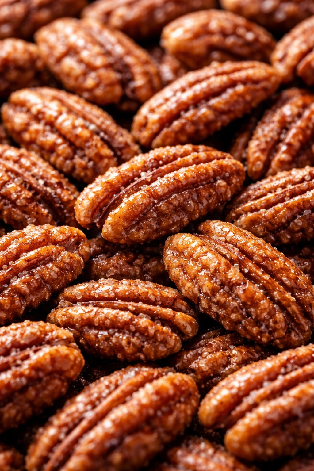 Close-up of perfectly crisp candied pecans with sugar crust