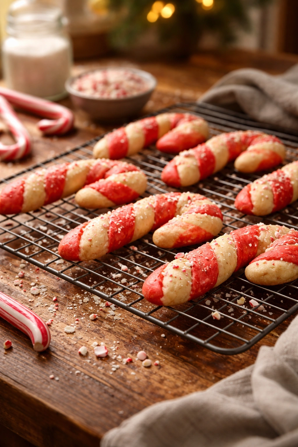Cooling candy cane cookies on a rack in a cozy kitchen