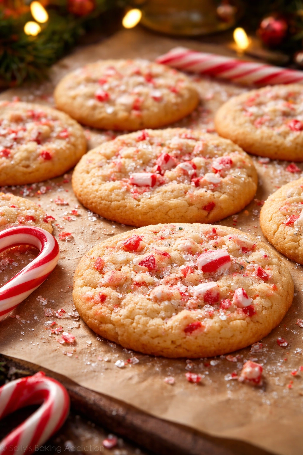 Close-up of candy cane cookies with red and white candy pieces on parchment