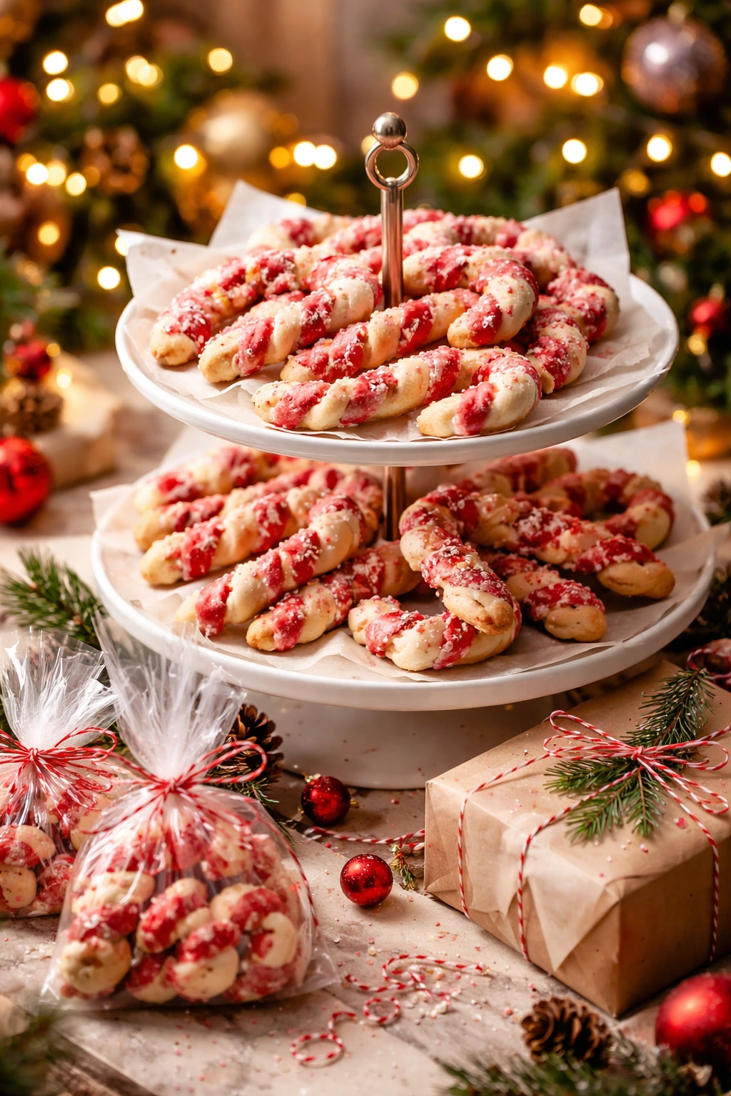 Candy cane cookies on tiered stand for serving or gifting in a festive setting