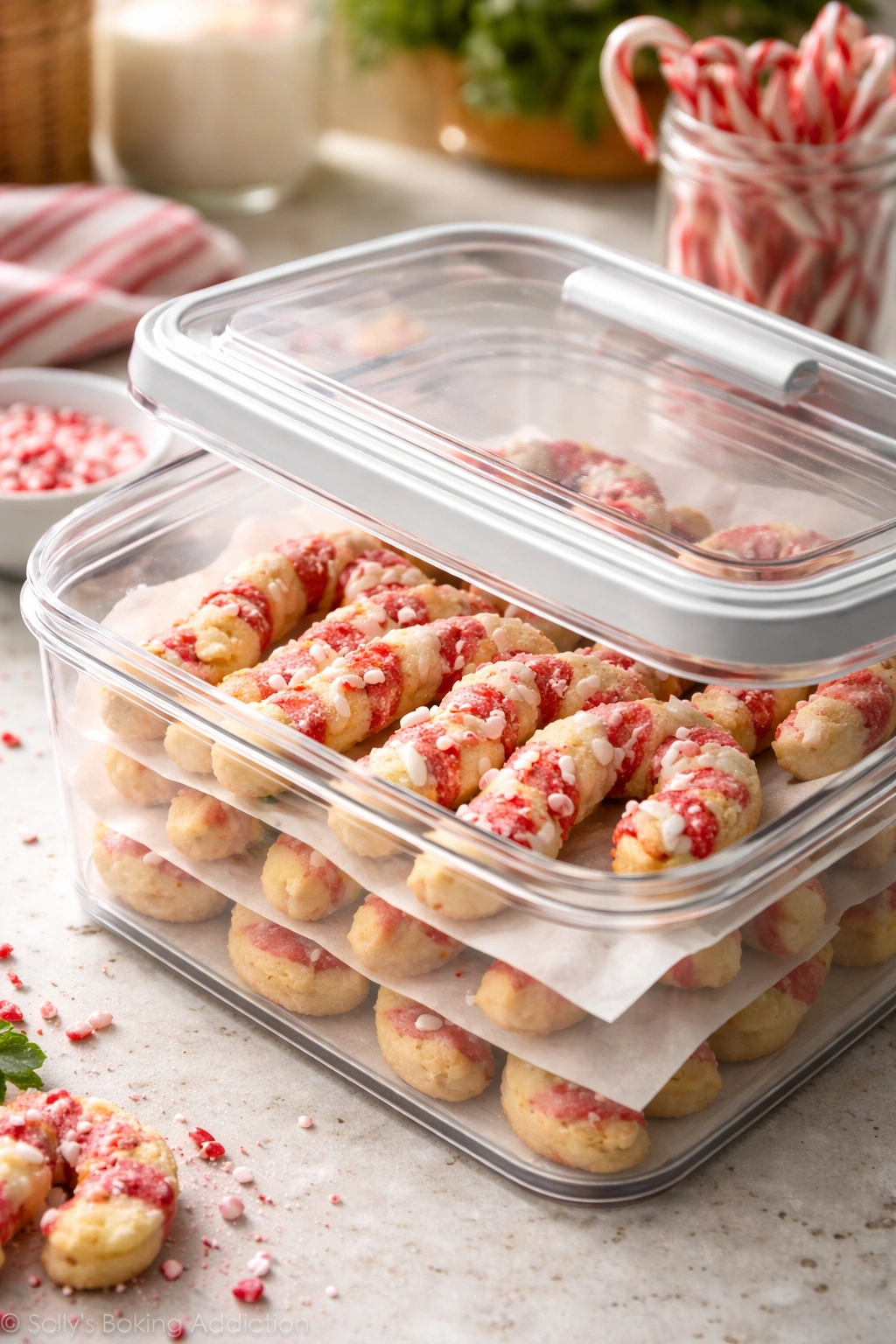 Cookies stored in an airtight container with parchment between layers to stay fresh