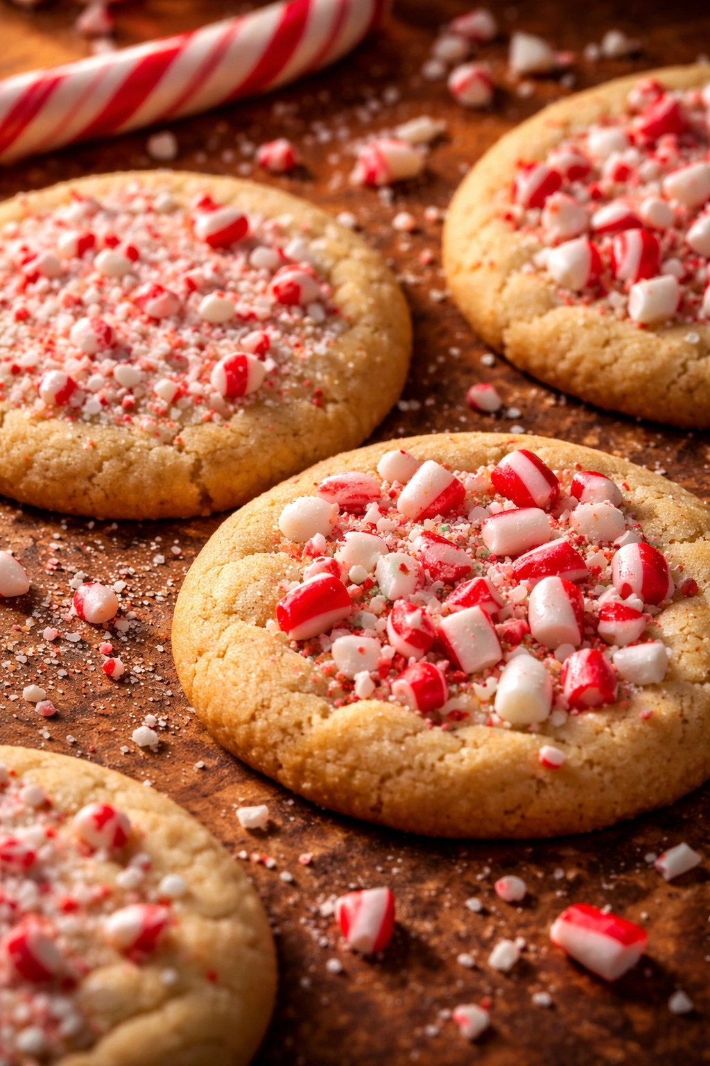 Close-up of cookies showing medium candy cane chunks in dough