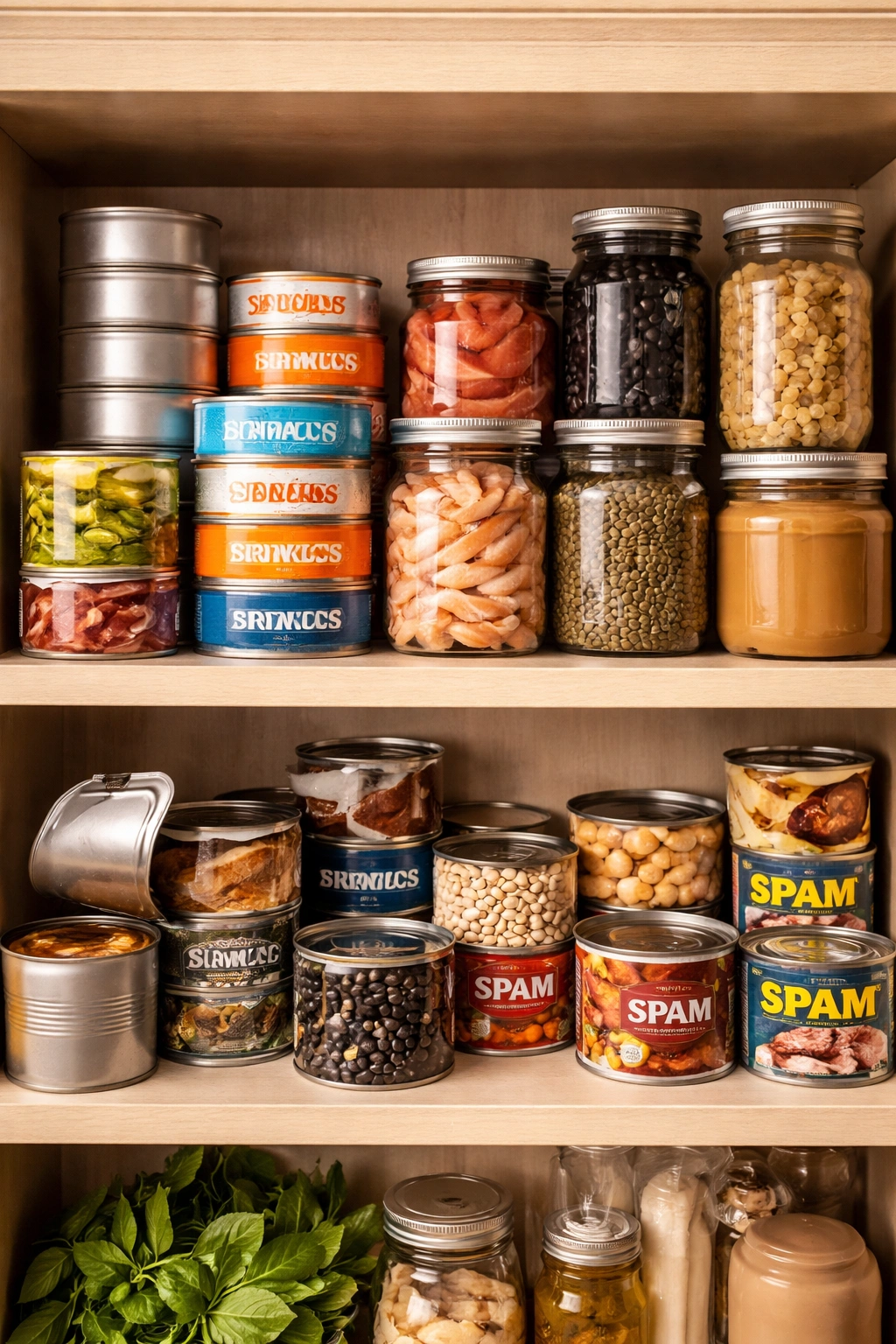 Shelf of unlabeled canned goods and shelf-stable proteins
