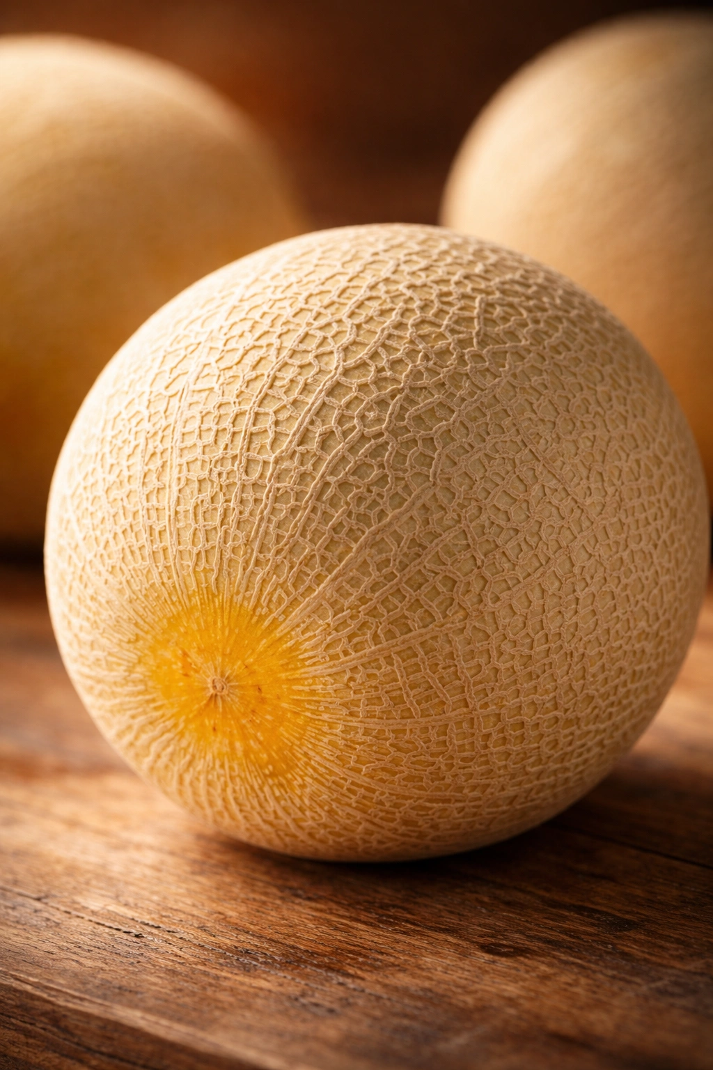 Close-up of a cantaloupe with golden ground spot and creamy rind color.