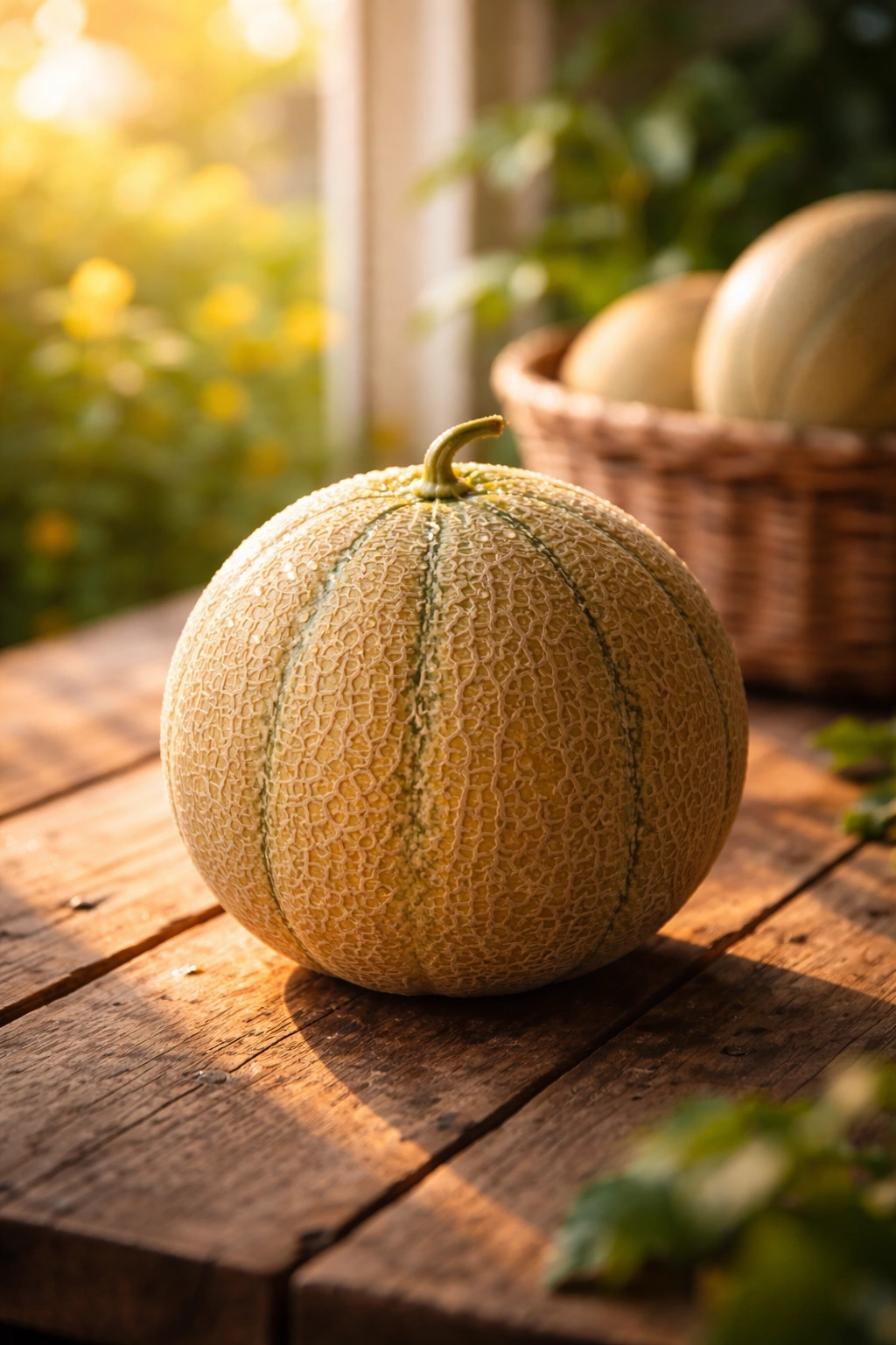 Cantaloupe in warm summer light on a wooden surface