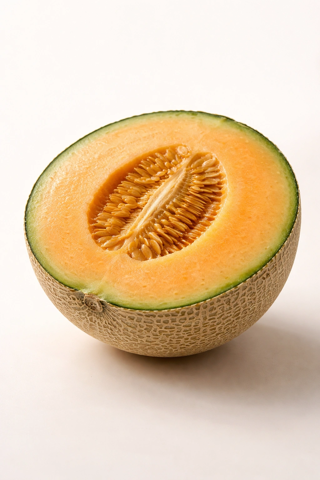Cross-section of cantaloupe showing flesh and seed cavity.