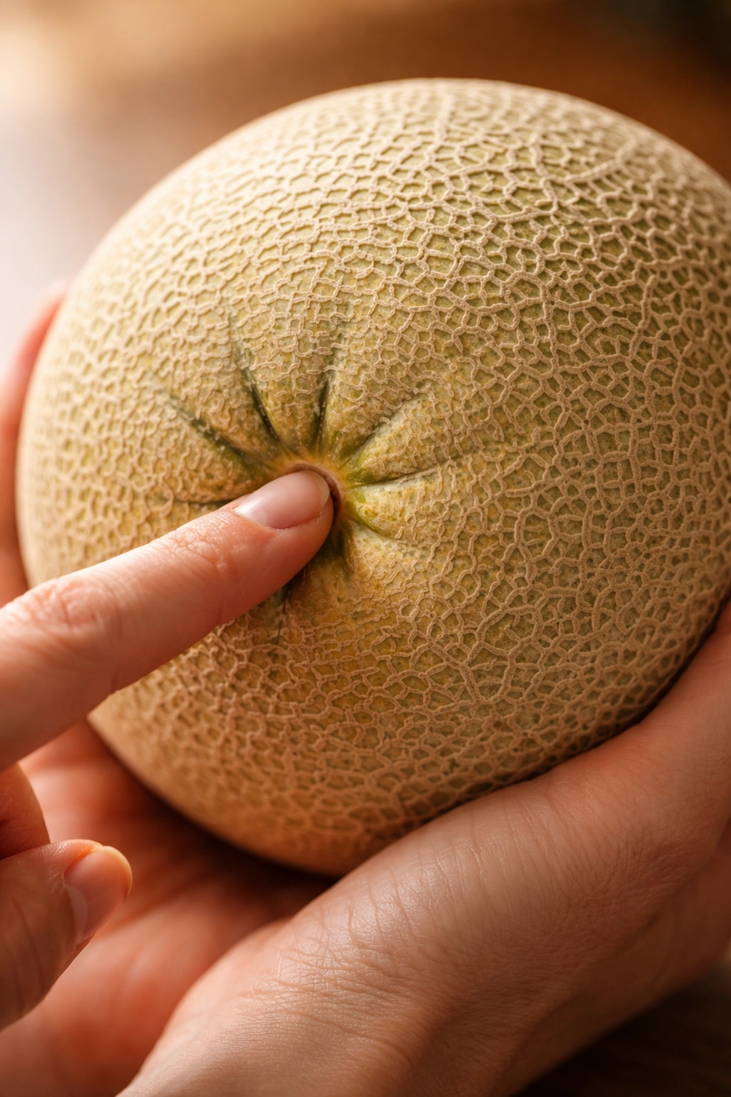 Cantaloupe bottom end with a small indentation indicating give.