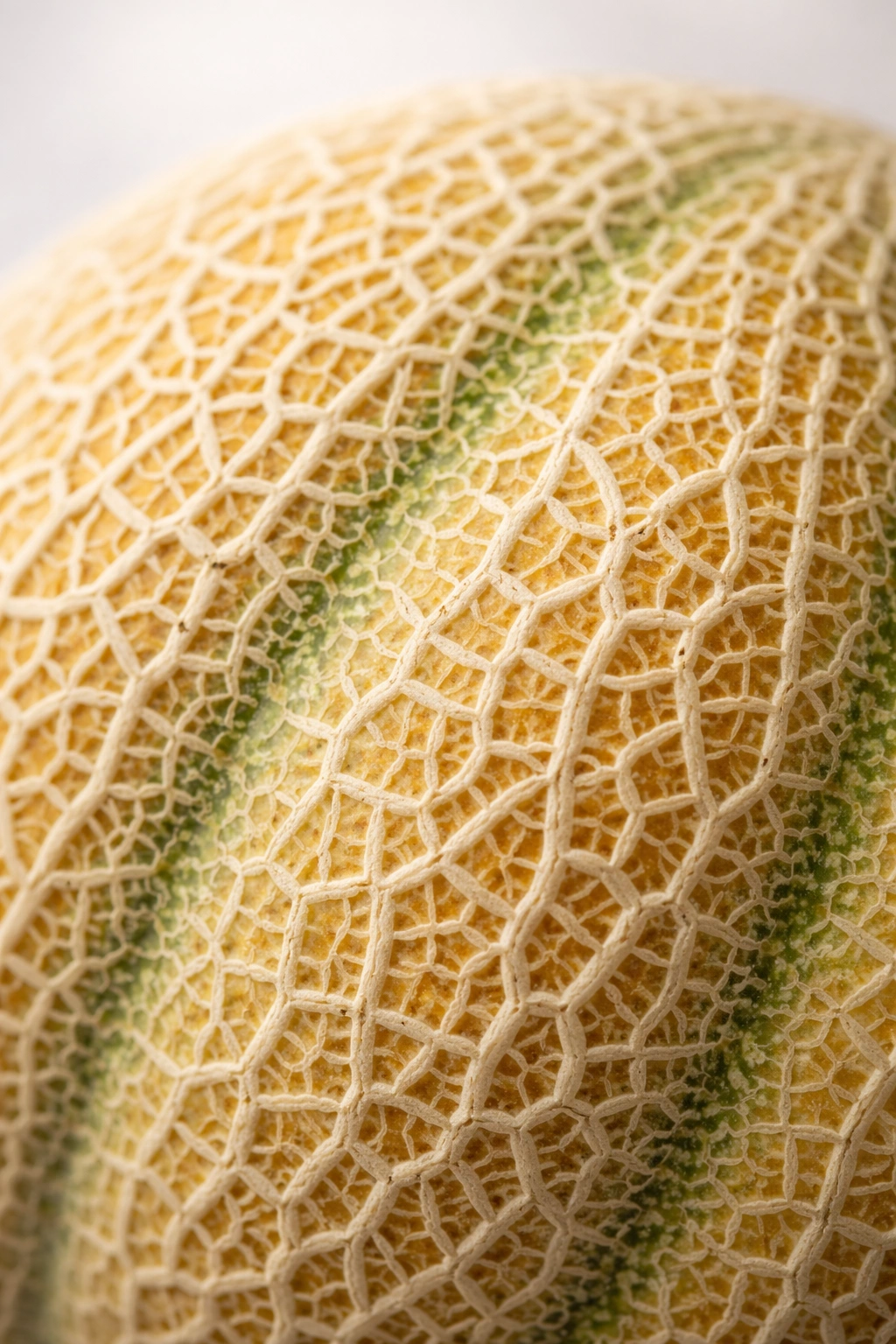 Macro view of cantaloupe rind with a strong net pattern.
