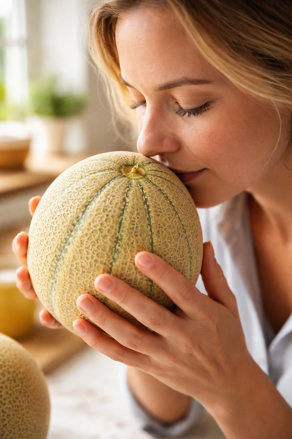 Close-up of a cantaloupe being sniffed to test ripeness