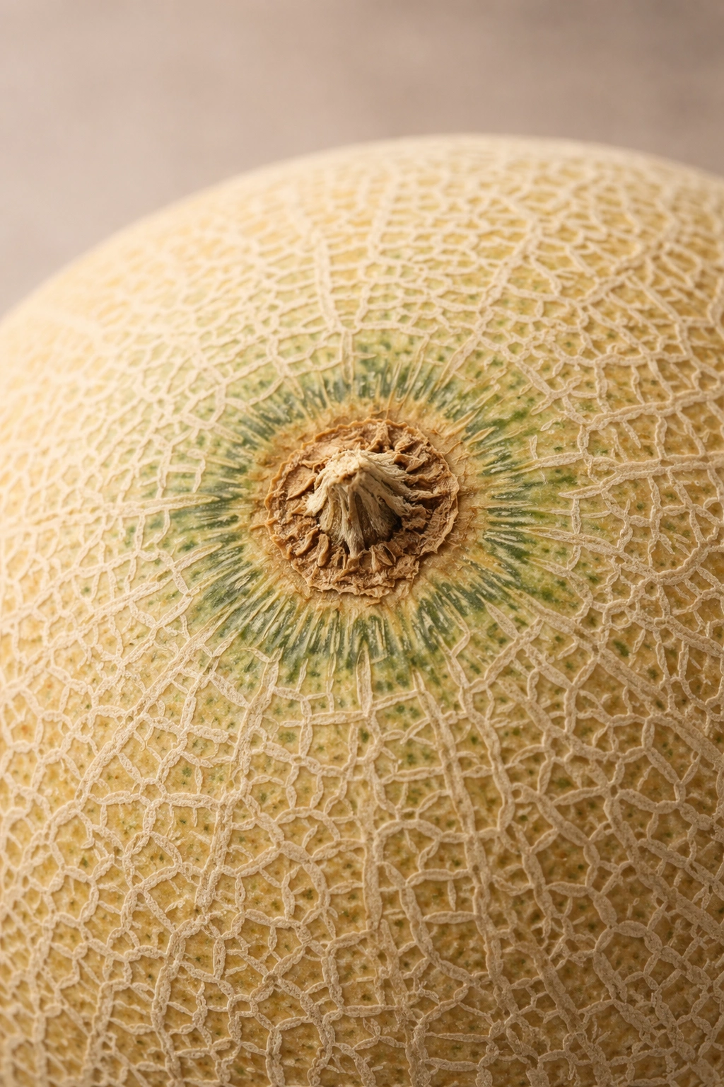 Macro view of cantaloupe stem end with a shriveled scar.