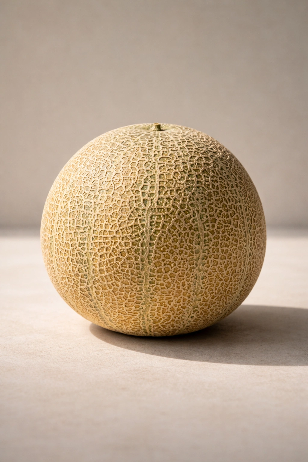 Cantaloupe appearing heavy and substantial on a neutral surface.