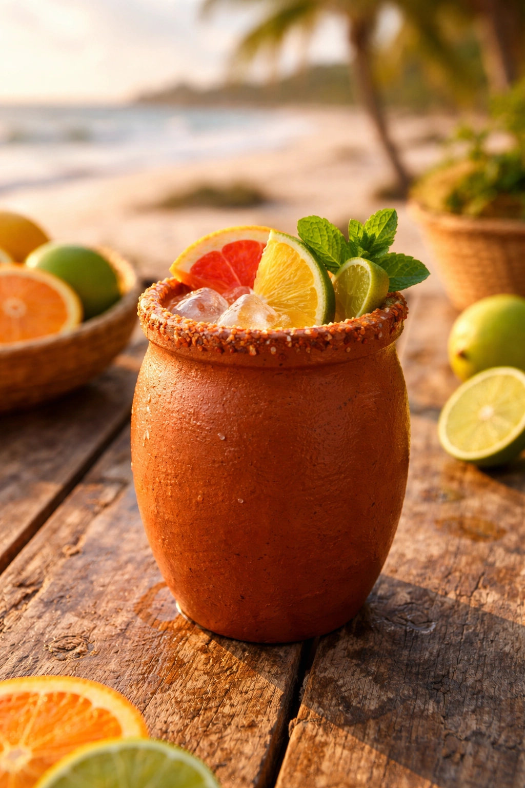 Close-up of a rustic clay cantarito cup with ice on a wooden table at the beach
