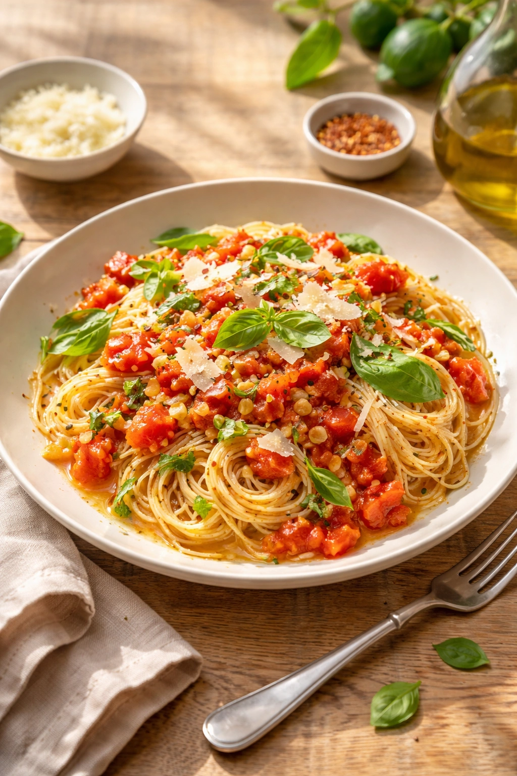 Capellini pasta with raw tomato sauce and fresh herbs on a plate