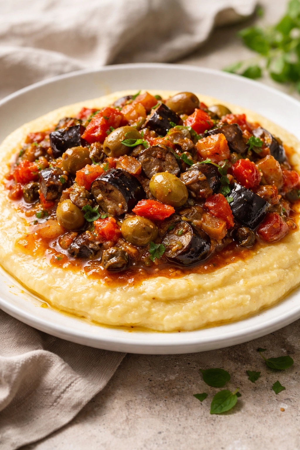Creamy polenta topped with eggplant caponata and olives on a clean plate