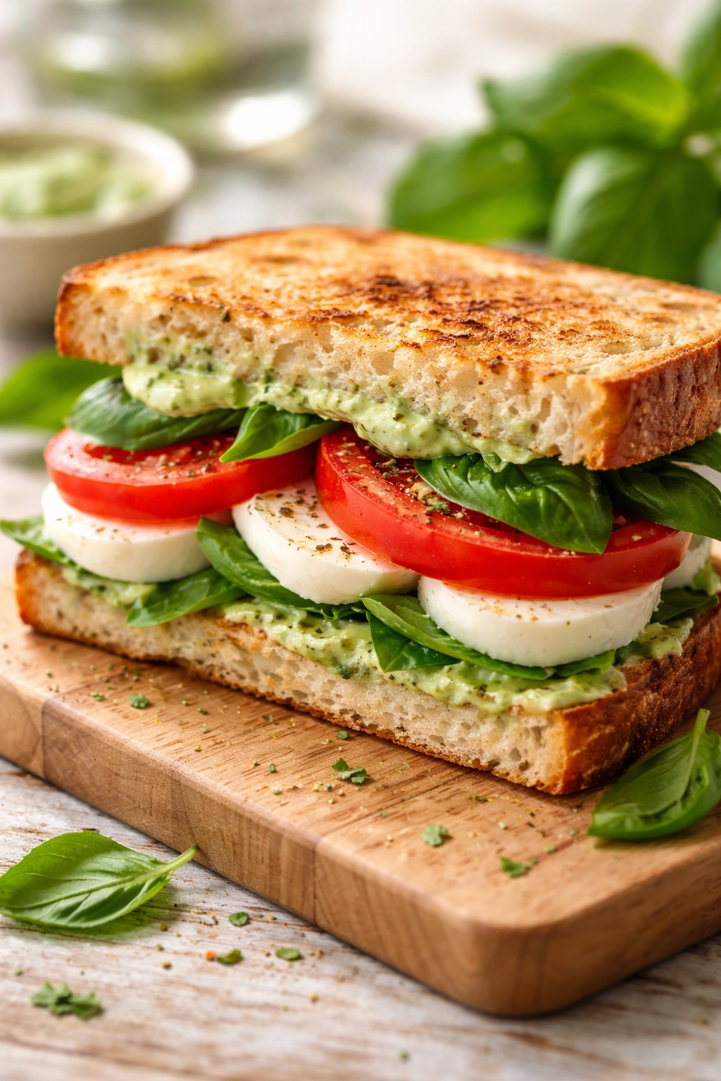 Close-up Caprese sandwich cross-section with tomato mozzarella and basil aioli